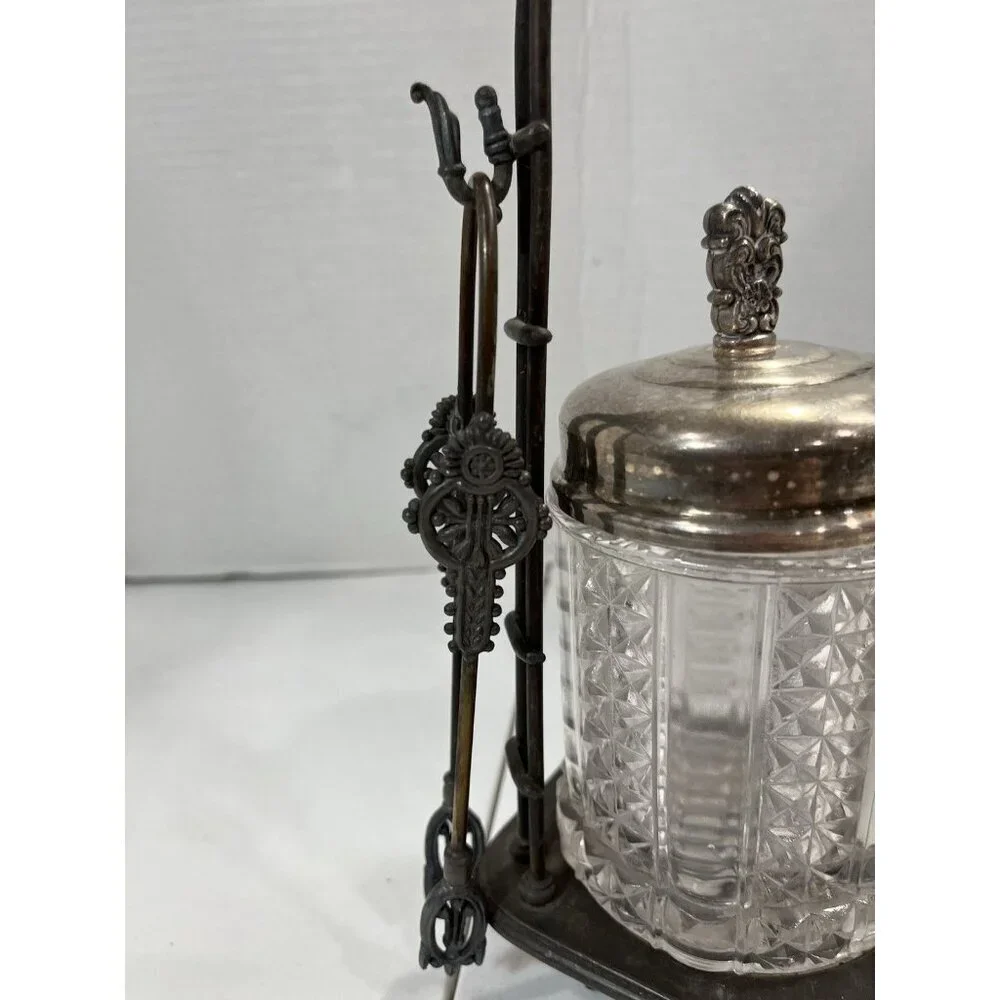 Meridan Silver Plate Co Quadrupleplate Victorian Glass Pickle Castor Jar & Tongs